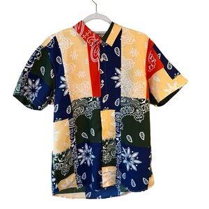 Rocawear Colorful Bandana Print Patchwork Y2K Festival Button Down Shirt Size L
